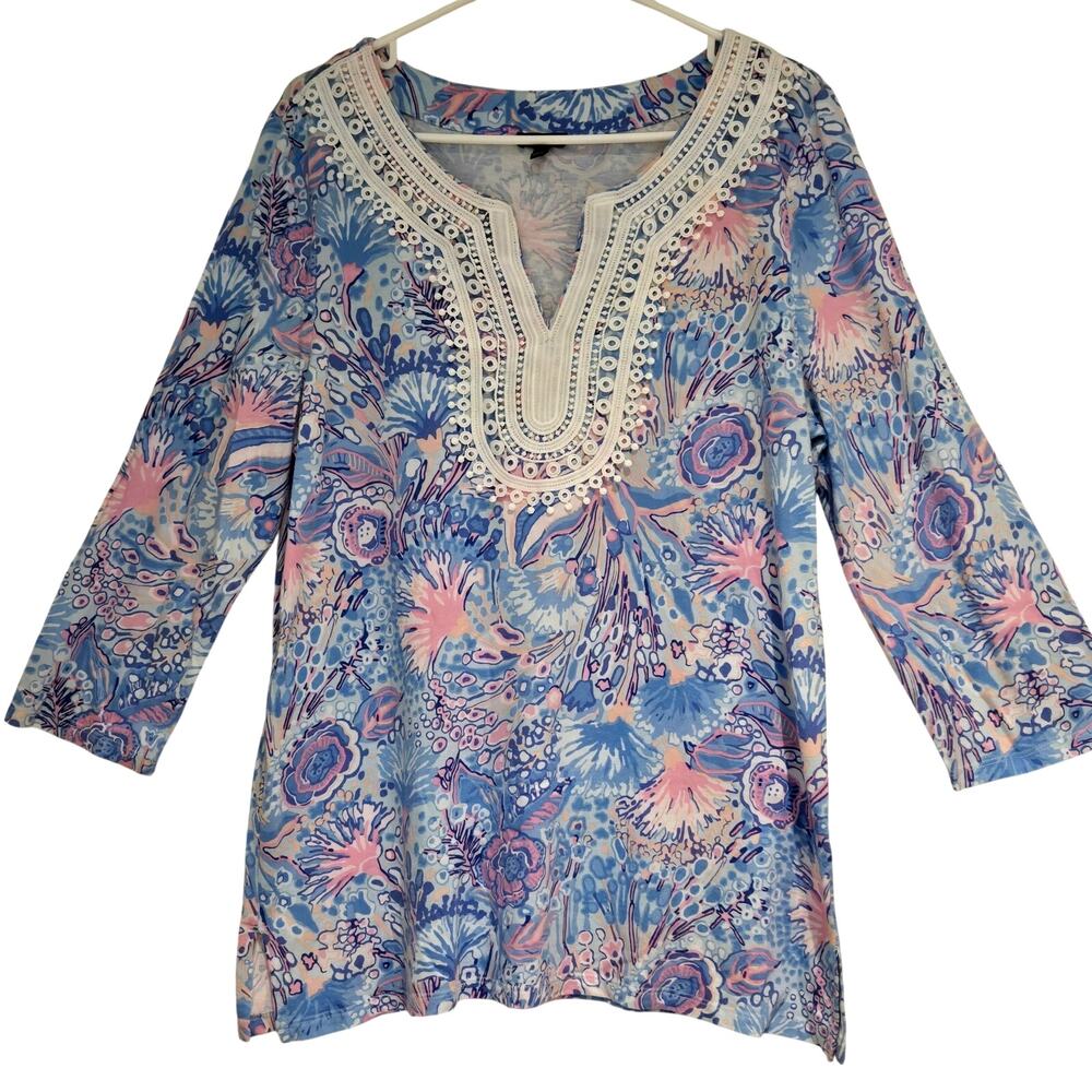 Talbots Cotton Modal Knit Embroidered Crocheted Trim Tunic Top, Size Large